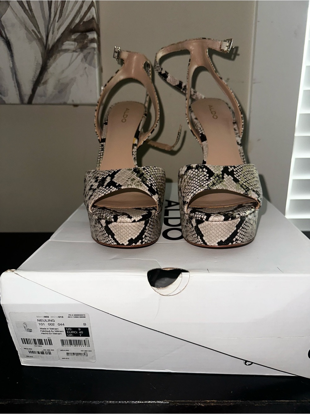 Aldo Women's Snake-Print Platform Ankle-Strap Sandals in Beige and Black